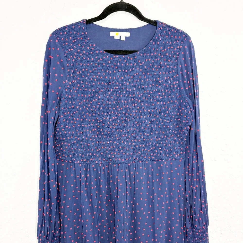 Boden Navy & Red Polka Dot Smocked Long Sleeve Jersey Knit Dress Women's US 14L - Picture 4 of 9